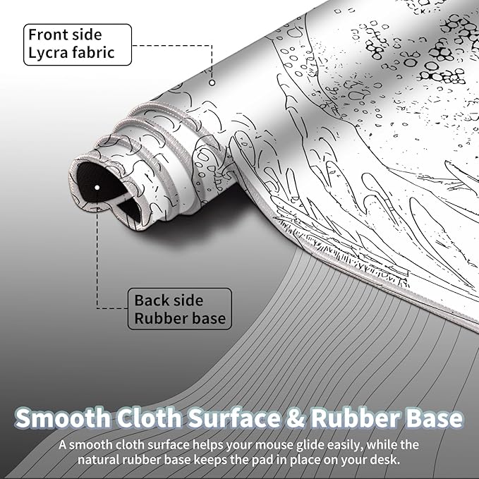 Black and White Large Mouse Pad, Japanese Sea Wave White Desk Pad for Keyboard and Mouse, 31.5" X 15.7" Computer Gaming Mouse Mat with Non-Slip Rubber Stitched Edge for Laptop Gamer