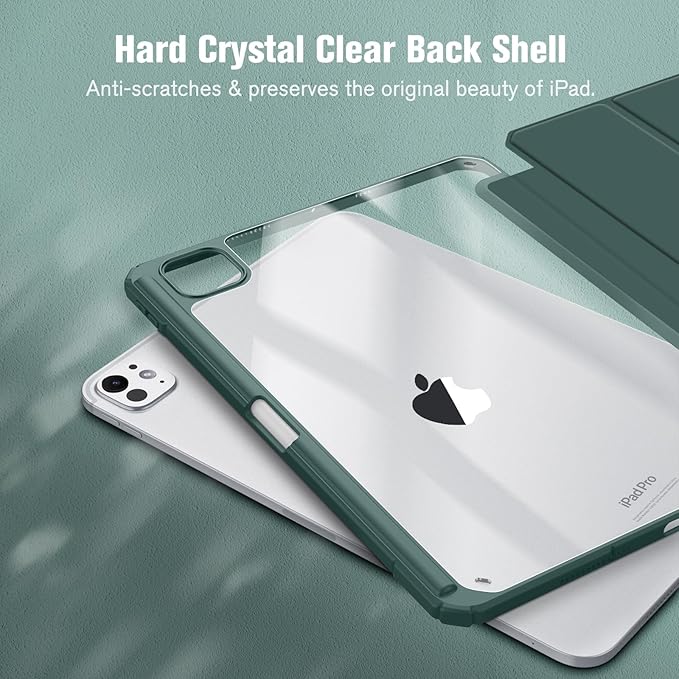 Fintie Hybrid Slim Case for iPad Pro 11-inch (M5) 2025 / (M4) 2024 - [Built-in Pencil Holder] Shockproof Protective Cover with Clear Transparent Back Shell, Midnight Green