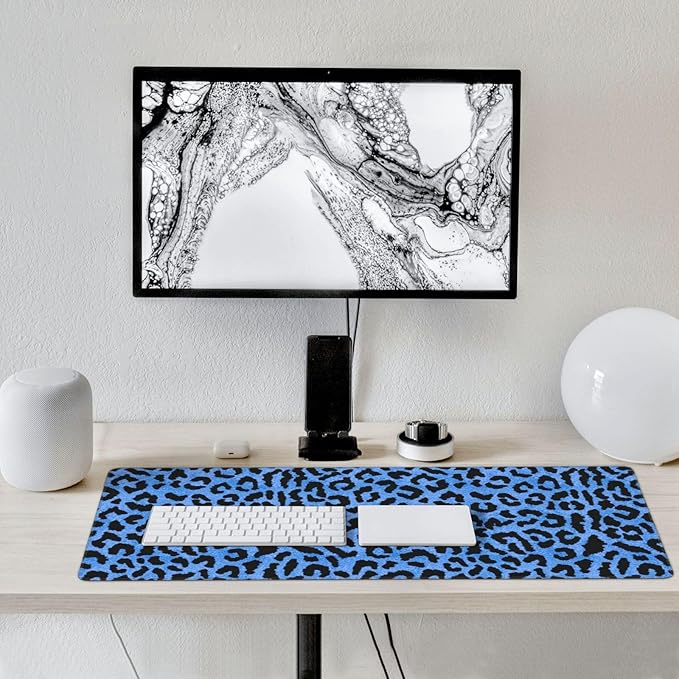 Blue Leopard Skin Print Mouse Pads XXL Extended Mousepad with Stitched Edges Non-Slip Rubber Base Computer Keyboard Pad Desk Mat for Home Office Desk Decor, 35.4" X 15.7"