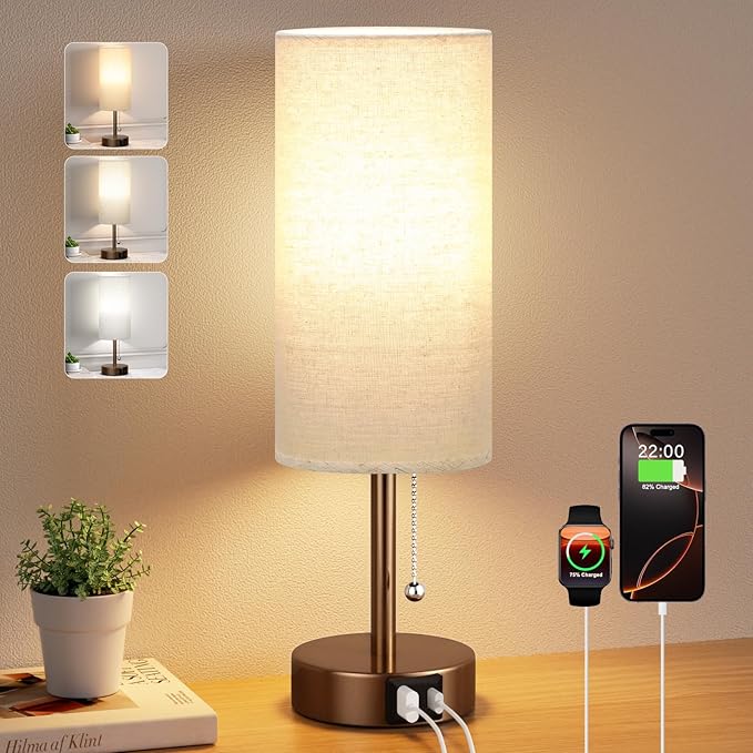 PartageiZ Brown Table Lamp for Bedroom Nightstand - Small Lamp with USB A + C Charging Port, 3 Color Temperatures Pull Chain Night Stand Light, Silver Base Desk Reading Lamp for Living Room
