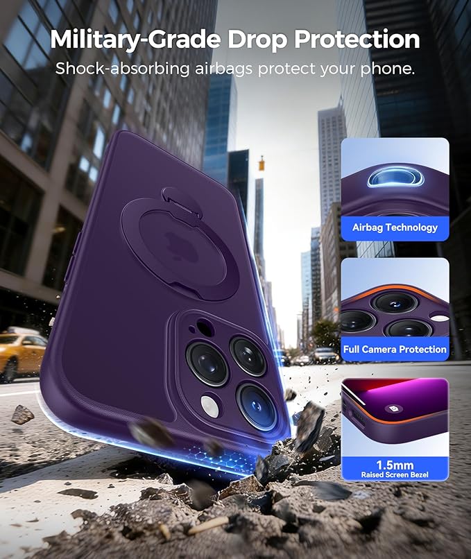 FNTCASE for iPhone 13 Pro-Max Case: [360 Spin Magnetic Stand] [Compatible with Magsafe] [Screen Protector] Translucent Matte Military Grade Shockproof Full Camera Protective Phone Cover - Purple