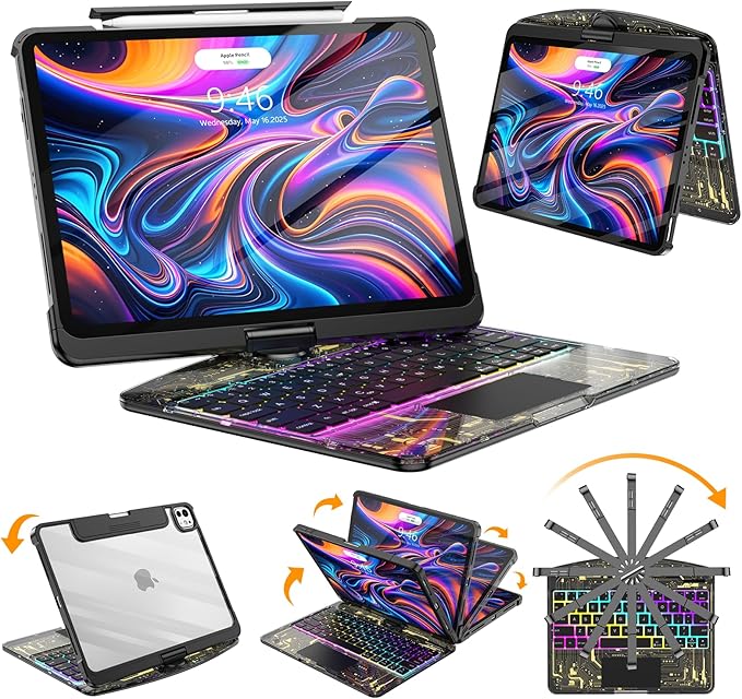 SIBEITU Wireless Keyboard Case for iPad Pro 13 Inch (M5 2025/M4 2024), Clear Protective Cover with Multi-Touch Trackpad & Pencil Holder, 360° Rotatable Stand, 7-Color Backlight & 3-Brightness, Black