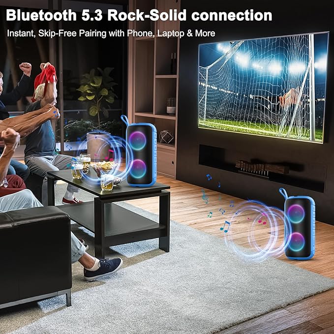 Bluetooth Speaker with 360°HD Stereo Sound, BT5.3, Built-in Mic, RGB Lights, NEW Portable Wireless Speaker IPX7 Waterproof, 12H Playtime, Speaker for Outdoors, Home/Trip/Ideal Gift for Men Women, Blue