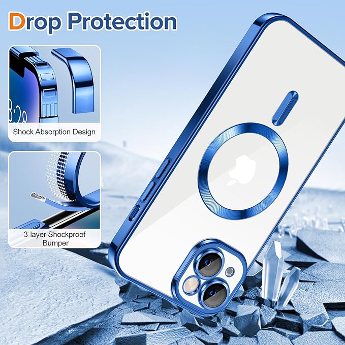 Hython Magnetic Clear for iPhone 14 Case with Camera Lens Protector [Compatible with MagSafe] Luxury Plating Edge Slim Soft TPU Cover Protective Phone Case for iPhone 14 6.1", Deep Blue