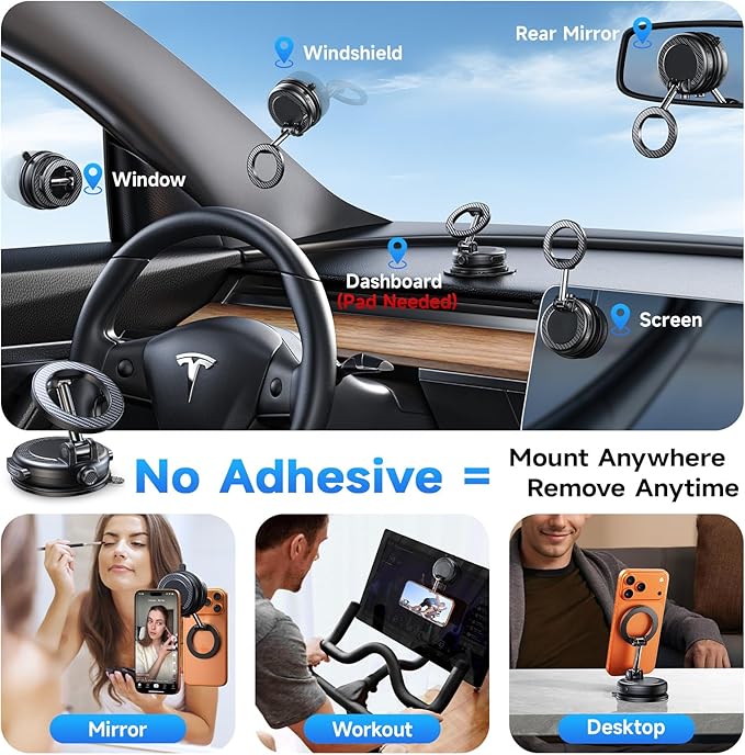 NeverFall Car Phone Mount for MagSafe, 89lbs Vacuum Suction, Strong Magnetic Dashboard & Windshield Mount, 360° Adjustable Phone Holder for iPhone & All Phones, Carbon Fiber
