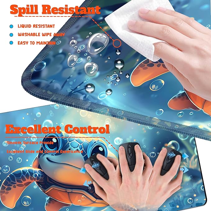 4-Piece Extended Large Mouse Pad Set for Women Men with Turtle Anime Design Includes 35.4 x 15.7 XXL Large Mouse Pad Keyboard Wrist Rest Mouse Wrist Support and Coaster for Office Home