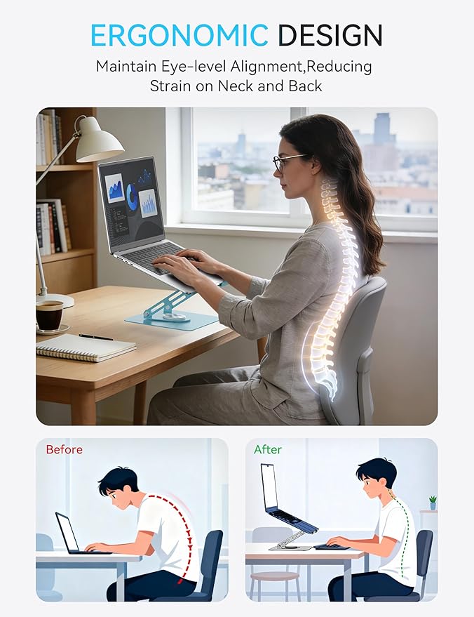 SOUNDANCE 360 Rotating Laptop Stand, Ergonomic Computer Riser for Desk, Adjustable Height Multi-Angle Metal Holder, Foldable Portable Notebook Elevating Base for Office & Home, Blue