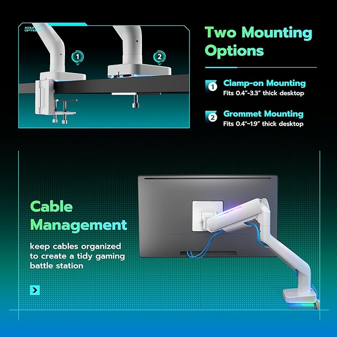 Ultrawide Monitor arm for 17-49'' Heavy Duty Screen up to 44lbs, Gas Spring Single Monitor Arm with RGB Light, Adjustable Gaming Computer Monitor Arm for Desk, White