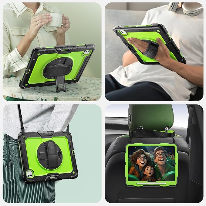 SEYMAC Case for iPad Pro 13 Inch M5 2025 / M4 2024, Heavy Duty Shockproof Protective Case with Screen Protector, 360° Rotating Stand, Hand/Shoulder Strap and Pen Holder, Green