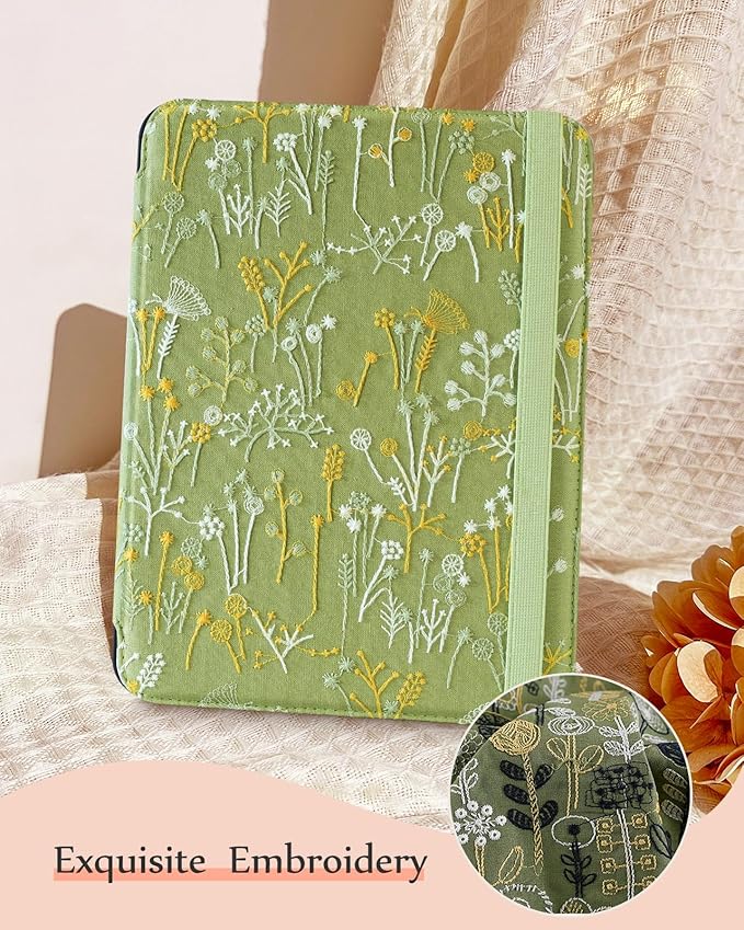 Uppuppy for Samsung Galaxy Tab A9 Plus Case 11'' - for Women Girls Cute Embroidered Folio Stand Cover with Pencil Holder & Card Slot Girly Kawaii Plants Design Aesthetic Cases for Samsung Tab A9 Plus