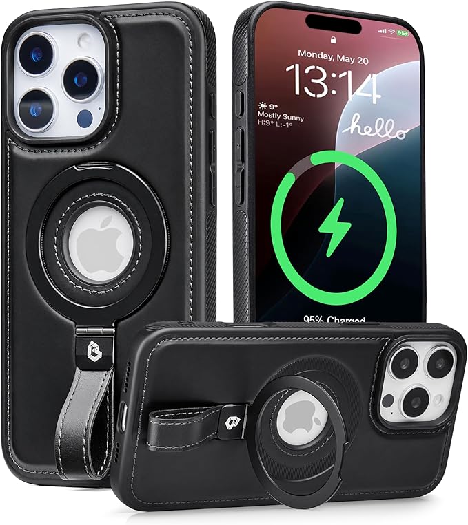 Butaiga for iPhone 12 / iPhone 12 Pro Leather Case with Stand, Anti-Slip Grip Ring, Fits for MagSafe (Black, iPhone 12/12 Pro)