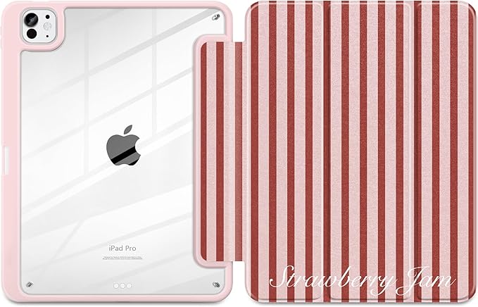 Case for iPad Pro 11 inch (M5) 2025 (M4) 2024 Release with Pencil Holder -Premium Shimmering Silk Texture Trifold Cover with Clear Back, Luxury Coquette Aesthetic Protective Skin, Red Striped