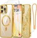 Meifigno Case Designed for iPhone 16 Pro 6.3 Inch, [Compatible with MagSafe] [2X Screen Protectors] [Glitter Card & Wrist Strap] Surround Lens Protection Designed for iPhone 16 Pro Case, Gold