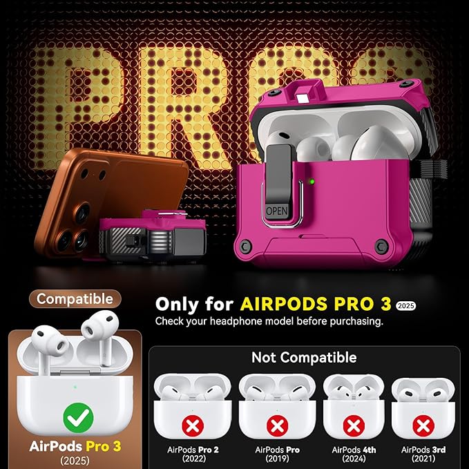 Inesore Compatible with AirPods Pro 3 Generation Case,Secure Lock & Phone Stand Design,Compatible with MagSafe,Automatic Snap Switch Secure Cover for New AirPods Pro 3rd (2025)-Rose red