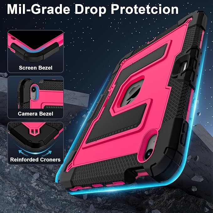 Kids Friendly Case for iPad Air 11 Inch M4 M3 M2 2026/2025/2024 Case with Pencil Holder & Shoulder Strap, Military Grade Shockproof Kickstand Hard Shell Protective Cover,Black+Rose