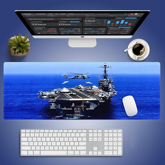 Extra Large Gaming & Office Mouse Pad (31.5" x 11.8") – Aircraft Carrier & Fighter Jet Group & Helicopter, US Navy Premium XXL Desk Mat with Durable Stitched Edges & Anti-Slip Rubber Base