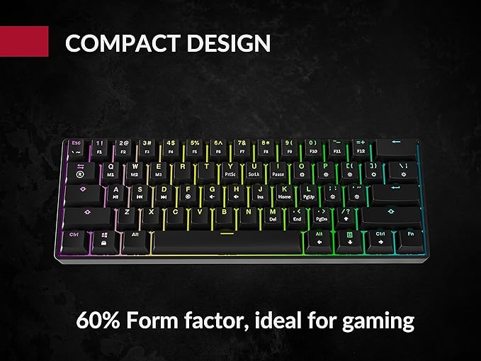 GK61 Mechanical Gaming Keyboard - 61 Keys Multi Color RGB Illuminated LED Backlit Wired Programmable for PC/Mac Gamer (Gateron Optical Red, Black)