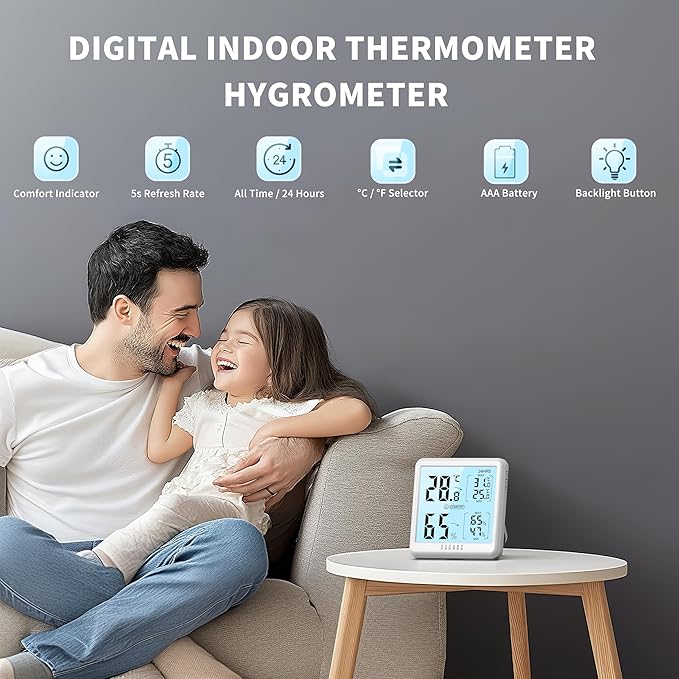 DOQAUS Digital Hygrometer Indoor Thermometer for House, Room Thermometer with 3s Fast Refresh & Max Min Records, Temperature Monitor Humidity Meter with Backlight, White