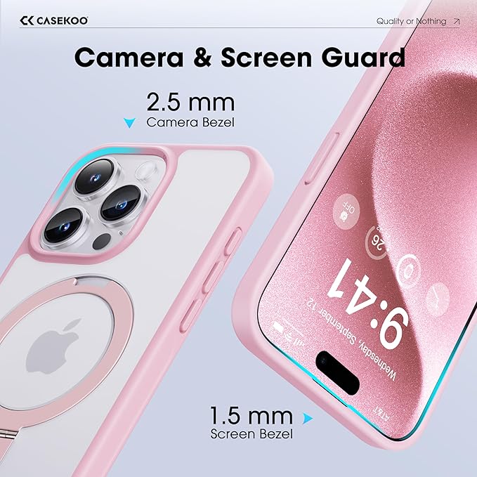 CASEKOO for iPhone 15 Pro Case with Magnetic Invisible Stand [Military Drop Protection] [Compatible with MagSafe] Shockproof Slim Translucent Matte Case 6.1 Inch, Pink, for Man/Woman