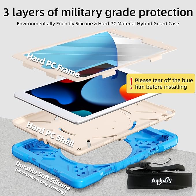 Andnary Case for iPad 9th/8th/7th Generation 10.2 inch, Shockproof Cover with Screen Protector/360° Rotating Handle/Bracket/Pen Holder/Shoulder Strap, Kids Case for iPad 2021/2020/2019 (Blue+White)