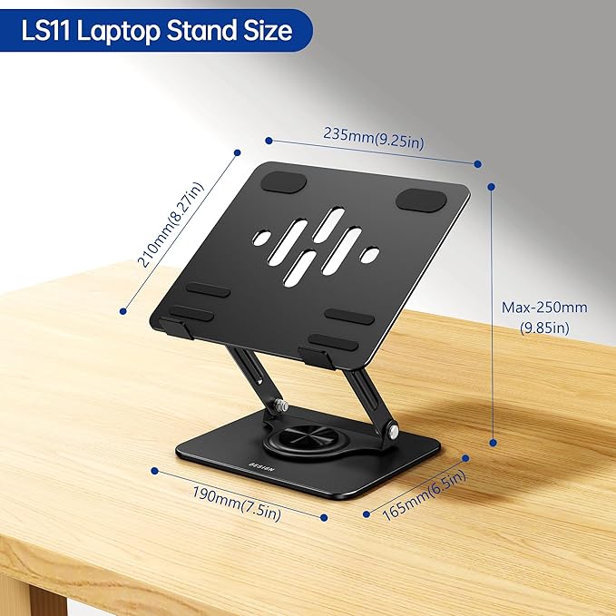 BESIGN LS11 Laptop Stand with 360° Rotating Base, Ergonomic Adjustable Notebook Riser, Foldable Computer Holder Compatible with 10-14" Laptops (Black)