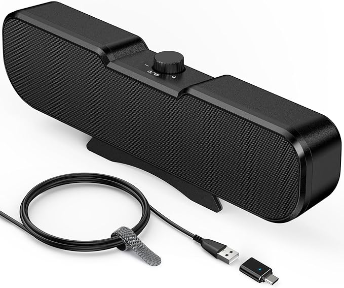 Cirqon Computer Speakers for Desktop PC, Easy Volume Knob, Sturdy Clamp, Basic Sound, Laptop Speakers with Compact Design, USB/USB C Adapter for Power and Audio(Black)