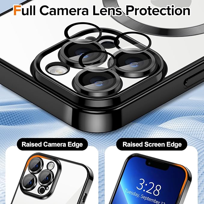 Hython Magnetic Clear for iPhone 13 Pro Max Case with Camera Lens Protector [Compatible with MagSafe] Plating Edge Slim Soft TPU Cover Protective Phone Case for iPhone 13 Pro Max 6.7", Black