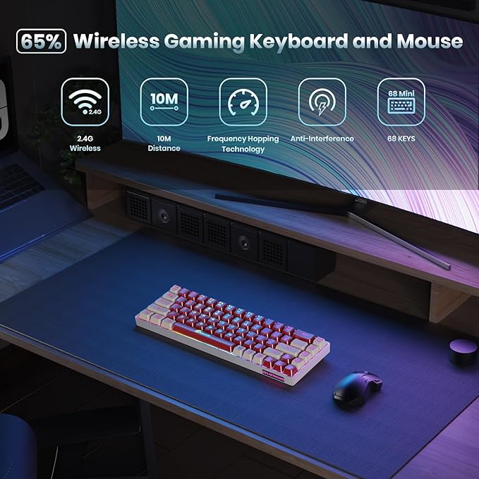 GEODMAER 65% Wireless Gaming Keyboard, LED Backlit Gaming Keyboard, 68 Keys Ultra-Compact Anti-ghosting No-Conflict Wireless Keyboard for PC Laptop Windows Gamer(Red-White)