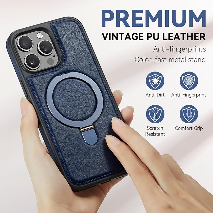 Compatible with iPhone 14 Pro Max Case with Stand, Compatible with MagSafe, Slim PU Leather & Durable TPU Protective Cover Drop-Proof with Tempered Glass Screen Protector 6.7", Blue