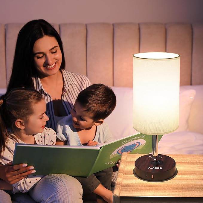 Small Bedside Table Lamp for Bedroom - 3 Way Dimmable Touch Lamp with USB Charging Station and AC Outlet, Wood Base & Fabric Linen Lampshade for Office, Living Room, Dorm, Brown-White, (LED Included)