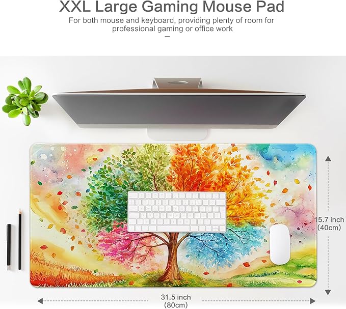 Lokigo Desk Pad Season Tree, Large Gaming Mouse Pad 31.5"x15.7", Waterproof Big Mousepad for Desk Rubber Base with Stitched Edges Desktop Deskmatt for Laptop Gaming Work Study, Colord Season Tree