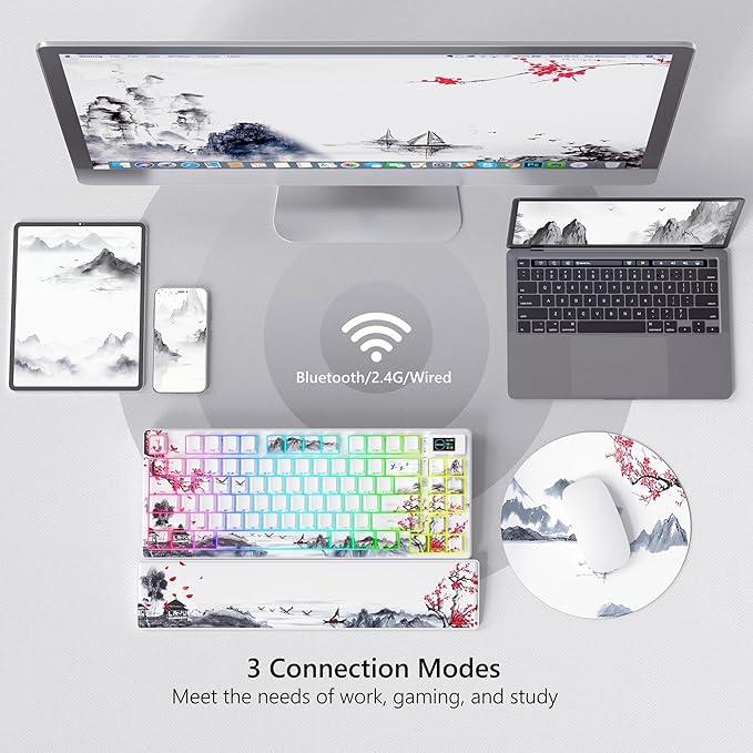 Womier 75% Wireless Mechanical Keyboard with Color Multimedia Screen Gaming Creamy Keyboard, Theme 3-Modes Hot Swappable Key Board w/Wrist Rest,SK80 PRO Gasket RGB Custom for Mac/Win,Red Plum