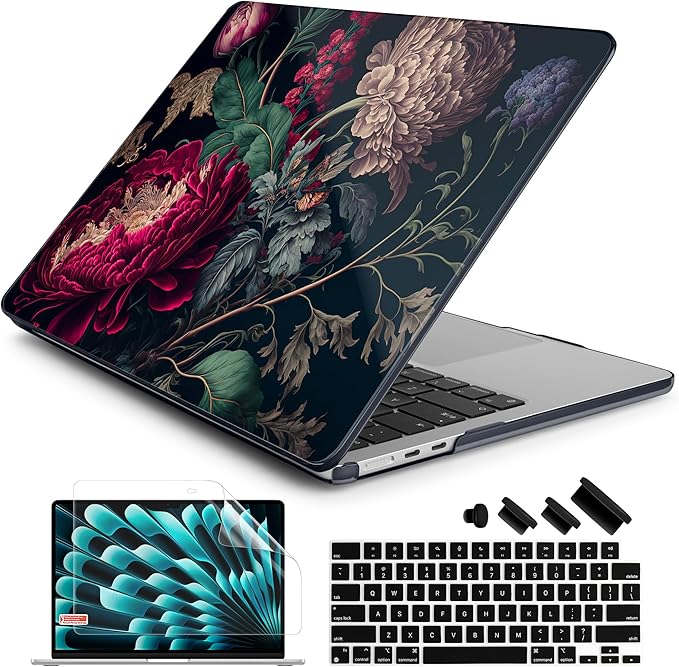 Batianda Premium Case for New MacBook Air 15 inch with M5 M4 M3 M2 Chip 2026 2025 2024 2023 Release, Designed Ultra-Slim Hardshell & Keyboard Cover & Screen Protector 4-in-1 Bundle, Vintage Flower