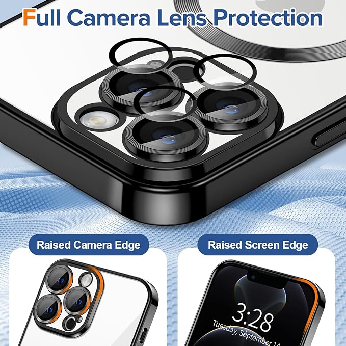Hython Magnetic Clear for iPhone 12 Pro Case with Camera Lens Protector [Compatible with MagSafe] Luxury Plating Edge Slim Soft TPU Cover Protective Phone Case for iPhone 12 Pro 6.1", Black