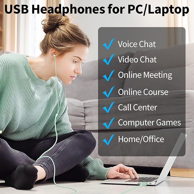 USB Headphones with Microphone for Laptop, 7.5ft Magnetic Wired Earbuds Noise Canceling in-Ear Earphones with Mute Volume Control Stereo Bass for PC Desktop Dell HP Acer Laptop Meetings,Teens,Green