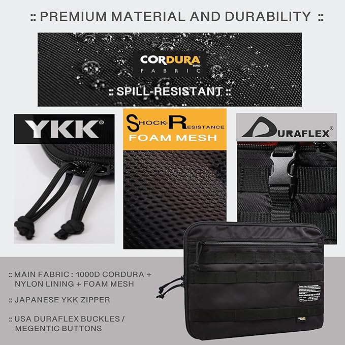 Rough Enough 14 Inch Laptop Case Sleeve Tactical Laptop Bag Briefcase with Tablet Compartment and Accessories Pockets Molle Strap, Water Resistant, Black Cordura