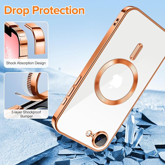 Hython Magnetic Clear for iPhone 17e Case with Camera Lens Protector [Compatible with MagSafe] Luxury Plating Edge Slim Soft TPU Cover Protective Phone Case for iPhone 17e 6.1", Orange