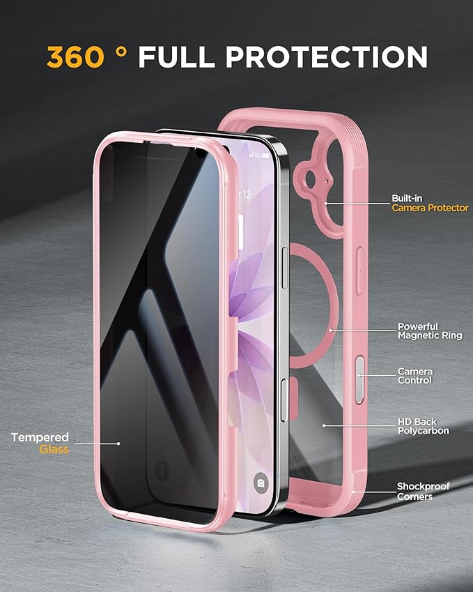 Miracase Magnetic for iPhone 17 Case with Privacy Screen Protector [Compatible with MagSafe],Full Camera Protection and Full Body Shockproof Bumper 17 Phone Cover 6.3", Light Pink