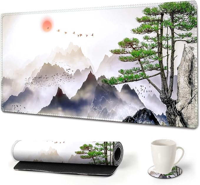 Large Gaming Mouse Pad, AIMSA Extended Mouse Pad with Stitched Edge, XL Keyboard Mouse Mat Non-Slip Rubber Base Desk Pad 31.5x15.7inch for Office Home Game Work -Pine Tree Mountains