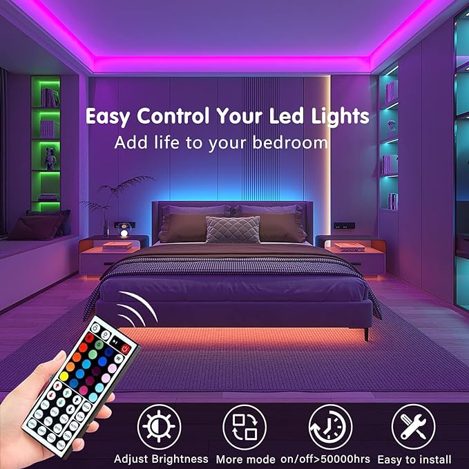 Keepsmile 130ft Led Strip Lights (2 Rolls of 65ft) Bluetooth Smart App Control RGB Led Light Strip with Remote,Music Sync Color Changing Led Lights for Bedroom Room Home Party Decor