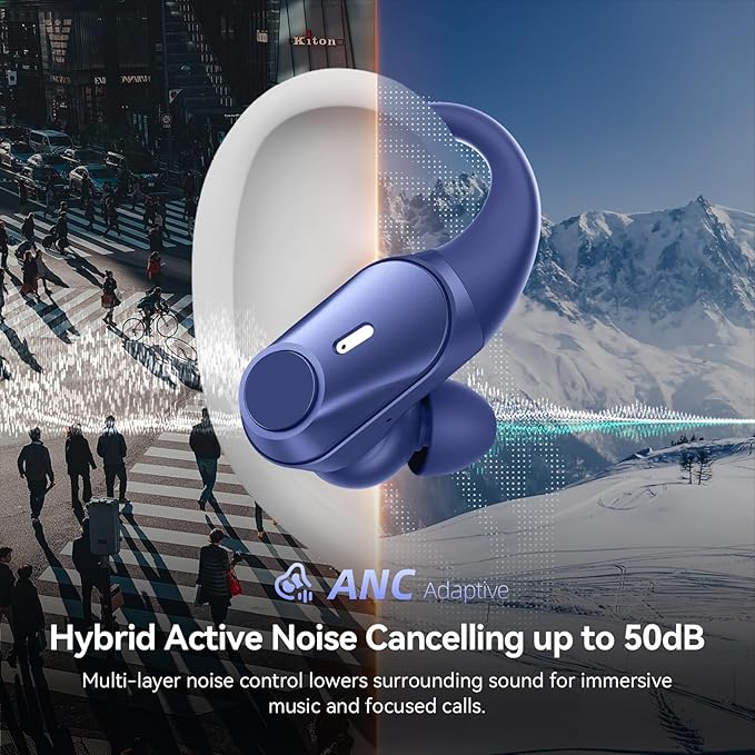 Active Noise Cancelling Wireless Earbuds Bluetooth Headphones 80H Playtime Ear Buds with Power Display Case Hi-Res Sound & Clear Calls Over Ear Hooks Earphones for Sports Running Gym Workout Blue