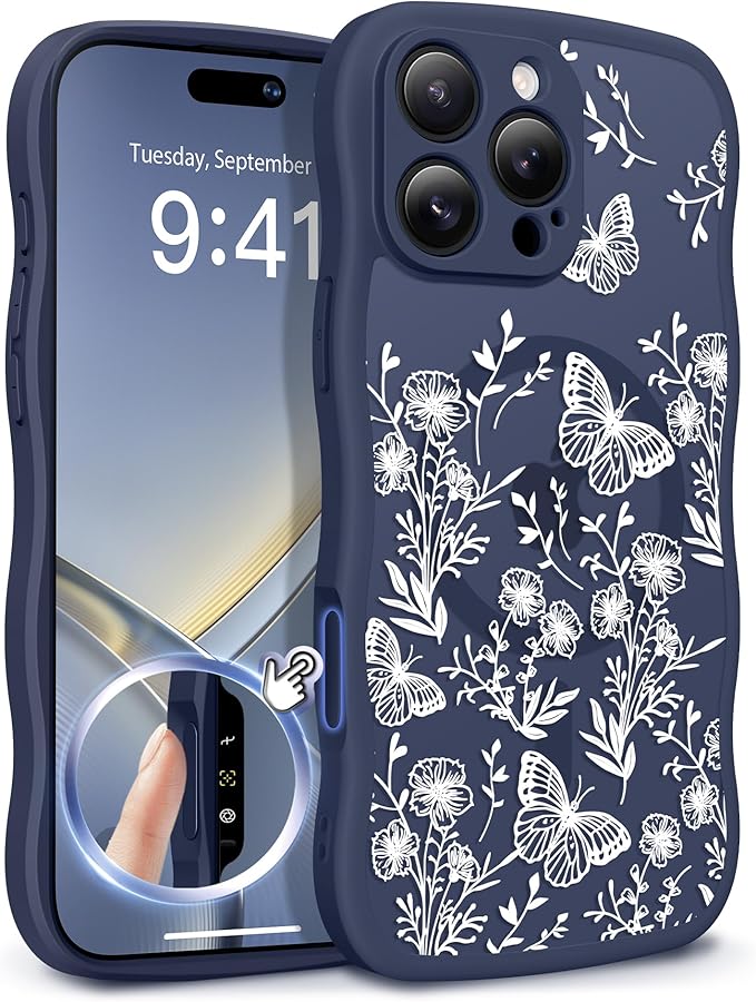 GVIEWIN for iPhone 16 Pro Max Case Compatible with MagSafe [Curly Wave Edge][Full Camera Protection] Floral Translucent Shockproof Magnetic Women Phone Case for 16 Pro Max, Tuberose/Blue
