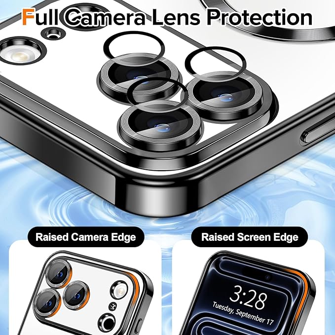 Hython Magnetic Clear for iPhone 17 Pro Case with Camera Lens Protector [Compatible with MagSafe] Luxury Plating Edge Slim Soft TPU Cover Protective Phone Case for iPhone 17 Pro 6.3", Black