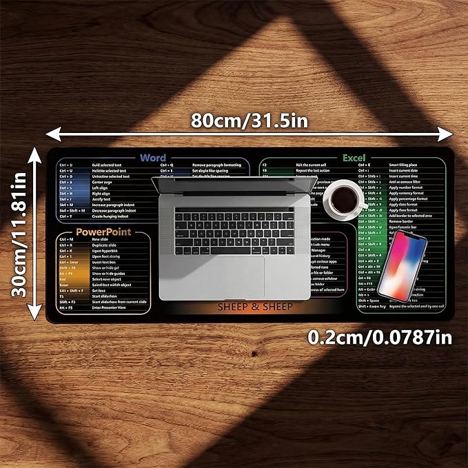 Excel Shortcut Keys Mouse Pad, Extended Large Desk Mat (31.5x11.8 Inch) with Non-Slip Base & Washable Surface for Gaming, Computer, Office Desk