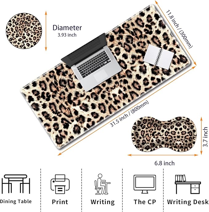Durable Desk Mat + Wrist Rest Pad + Coasters Set, Large Gaming Office Mouse Pad 31.5 "x 11.8", Extended Non-Slip Rubber Keyboard Pad, Laptop & Home, Leopard Print Pattern
