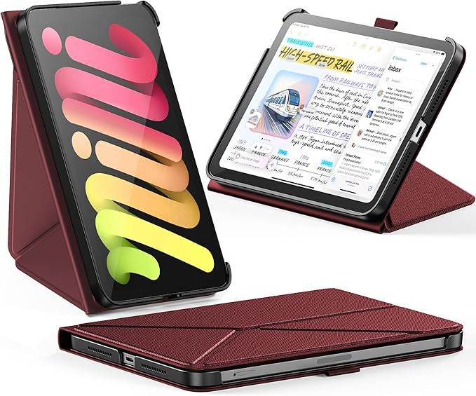 INFILAND Case for iPad mini 7 (A17 Pro) 2024 / iPad mini 6 2021, Magnetic Origami Slim Protective Case, Book-Style Foldable Cover with Pencil Holder, Multi-Angle Stand, Auto Wake/Sleep, Burgundy