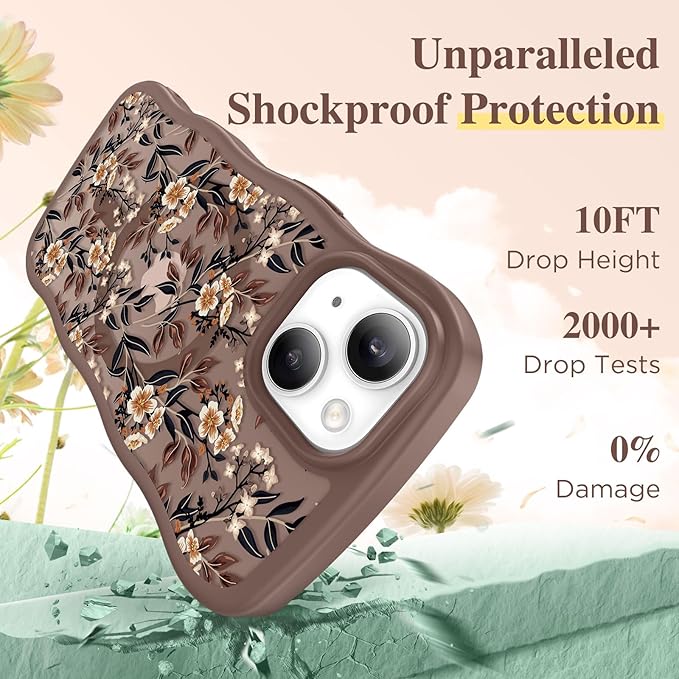 GVIEWIN Cute for iPhone 14 Case & iPhone 13 Case [Compatible with MagSafe] [Curly Wave Edge] Floral Translucent Magnetic Shockproof Protective Phone Cover for iPhone 14/13 6.1'', Bunchflower/Brown