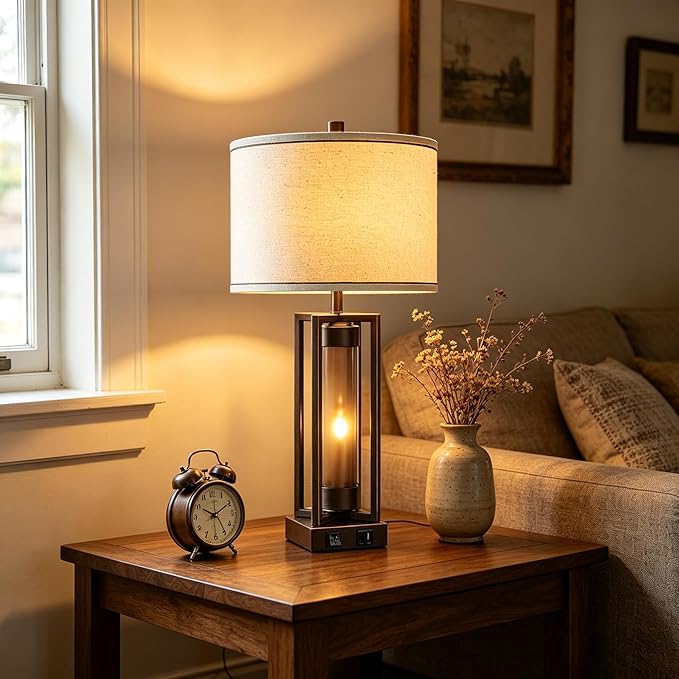 Rustic Table Lamps for Living Room with USB C+A Ports, Farmhouse Vintage Nightstand Lamp with Amber Acrylic Night Light, Retro Desk Lamp for Bedroom Entryway Dorm, 2 Bulbs Included (Brown)