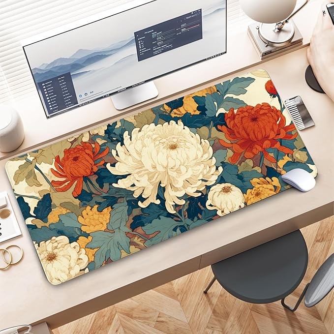 Flowers Mouse Pad, Large Mouse Pad for Desk, Extended Desk Mousepad with Non-Slip Rubber Base Stitched Edge Keyboard Mat for Gaming Office, 31.5" x 11.8"
