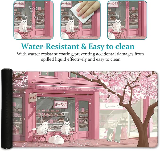 LIMKRIAN Cat Mouse Pad Large Desk Mat, Pink Cherry Blossom Computer Mousepad with Stitched Edges Non-Slip, Keyboard Mouse Pad for Desktop Cute Office Desk Accessories Japanese Dessert House 31.5in